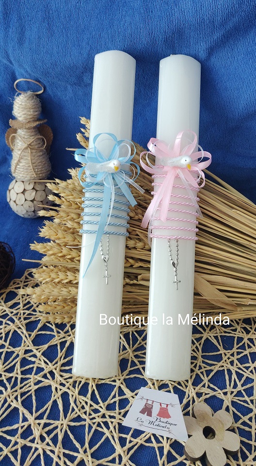 Bougie baptême cérémonie personnalisable avec chapelet et colombe blanche divers colories aux choix Réf.BOUGIECHAPELET