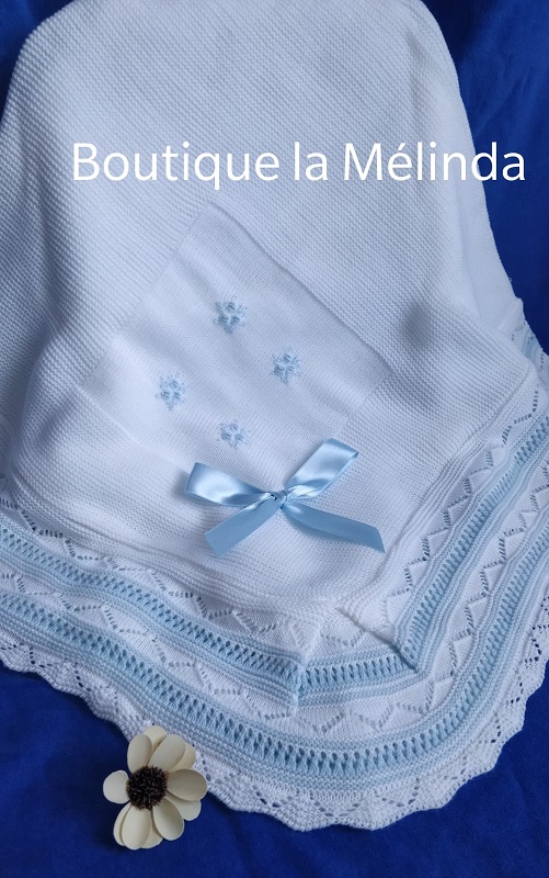 Châles de baptême Blanc Bleu COTON - Dépliable 4 fois - Lange de baptême cérémonie - Raffinée idéale pour un cadeau batismo Réf. CHALESBLEUC - Boutique la Mélinda