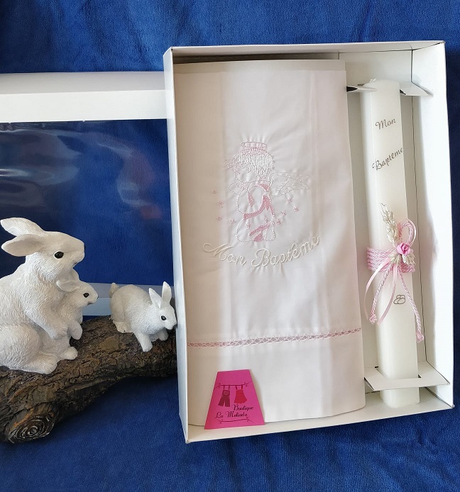 Kit Baptême Paris Bleu Ciel - Bougie Décorée Cire Galice + Lange Lin Brodé Nom & Date, Mouchoir Croix, Coffret Parrain/Marraine