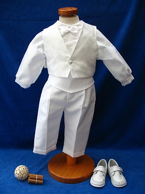Costume de baptême tout blanc 5 pièces - Costume manche longue pour les cérémonies de saison - Réf. Yanis - Boutique la Mélinda
