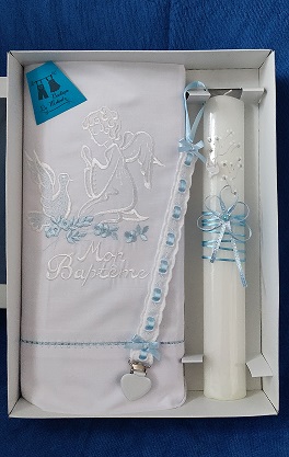KIT Bleu Serviette baptême + Bougie + Attache tétine - Modèle unique Personnalisable Mon Baptême - Boutique la Melinda