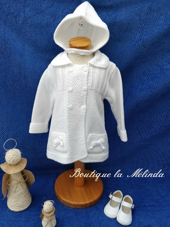 Manteau en laine fille blanc avec bonnet séparé idéal pour un temps d'hiver - Réf.MANTEAUL